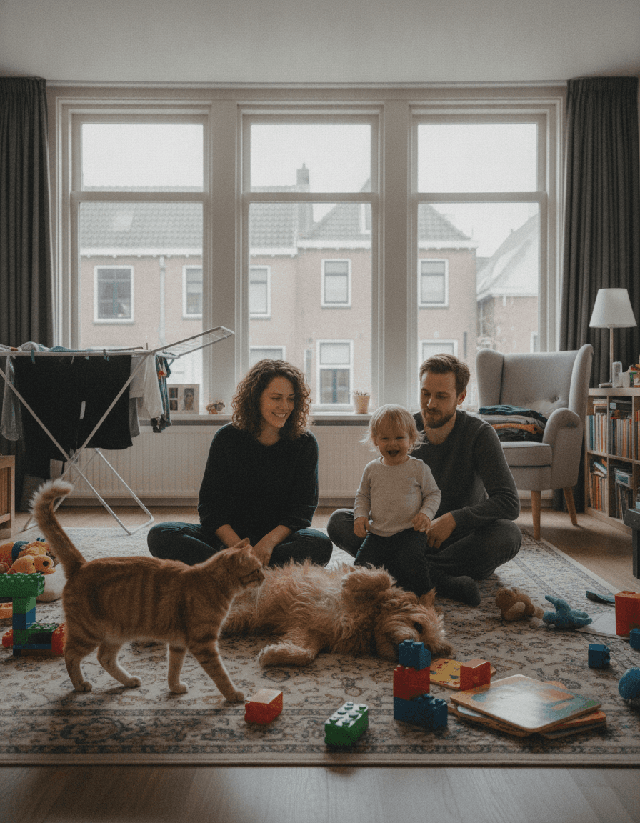 Een gezin op de vloer met hun hond en kat