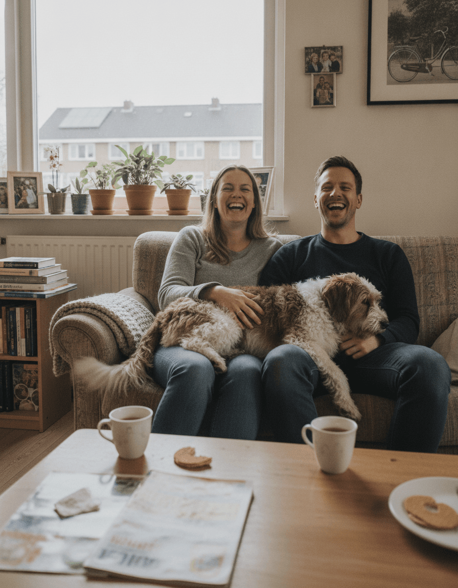 Een lachend stel op de bank met hun asielhond tegen zich aan