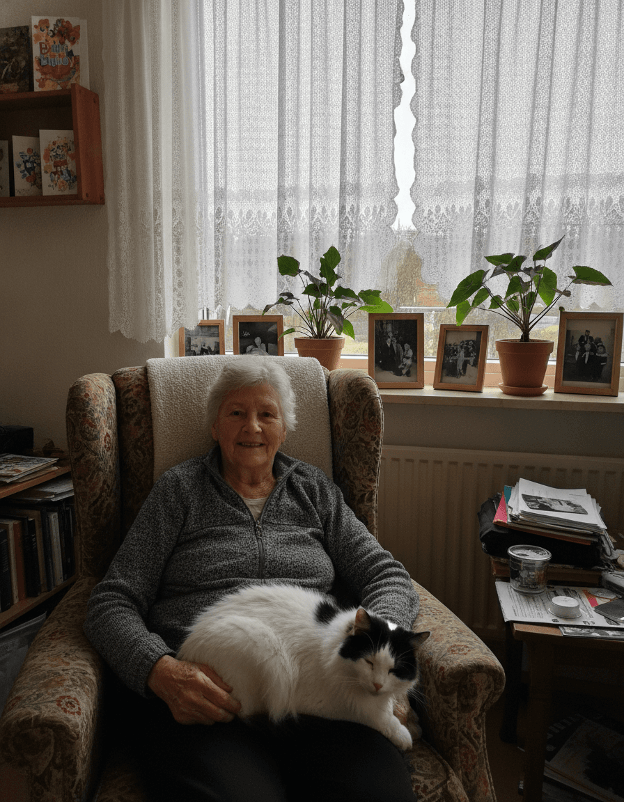 Een vrouw in een leesstoel met haar zwart-witte kat op schoot